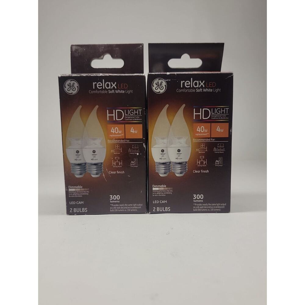 2 Boxes GE Relax LED CAM 4w HD Soft White 300 Lumens Dimmable 2 Count Bulbs